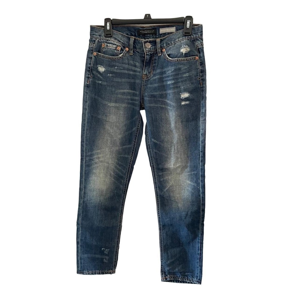 Aeropostale Womens Boyfriend Jeans Medium Wash Distressed Relaxed Fit Denim 7
